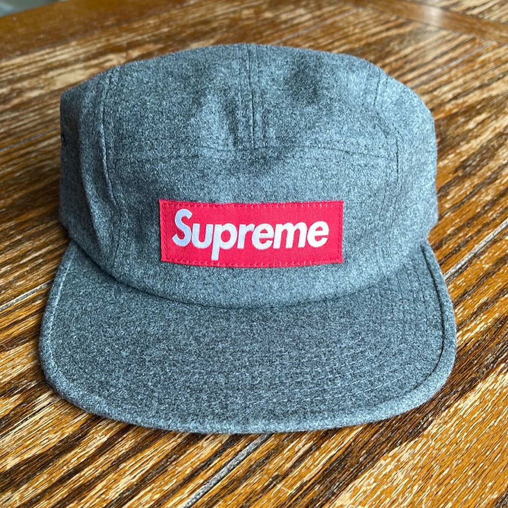 Supreme Gray 5 Panel wool and cashmere red box logo hat